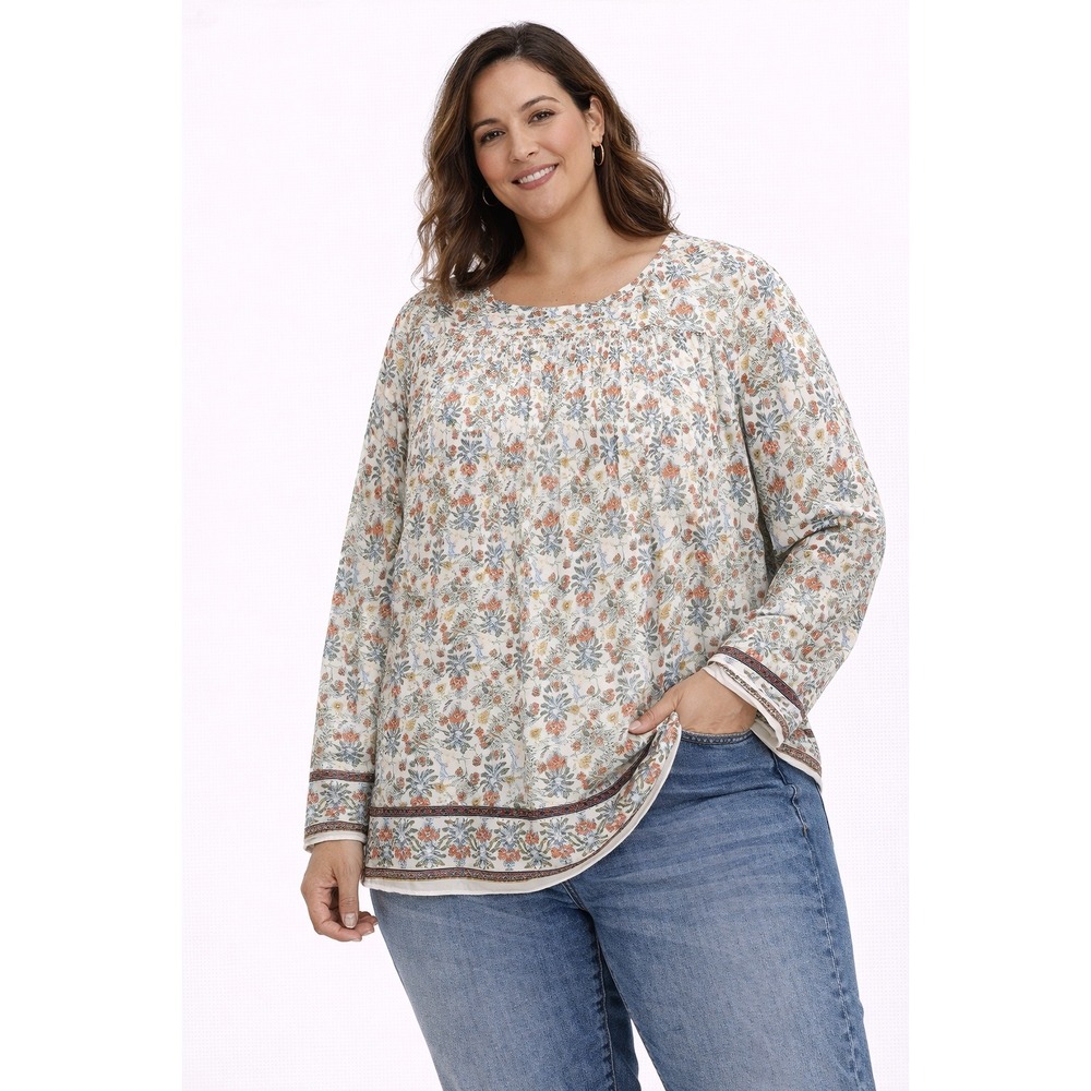 Max Studio Blouse Womens Size L Multicolor Floral Pleated Bell Sleeve Boho Top